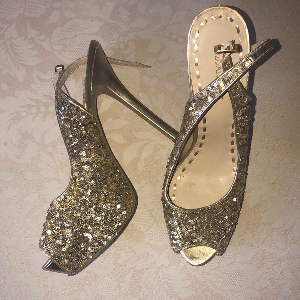 Elegant Gold Sequin Peep-Toe Heels